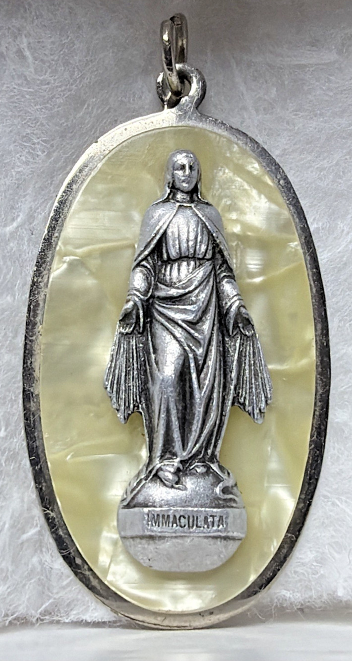 Immaculata Virgin Mary Saint Pendant Silver Metal Faux Mother Pearl Celluloid